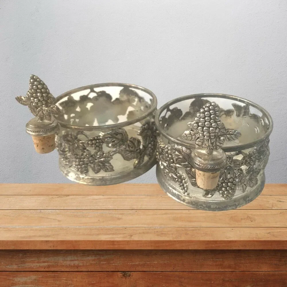 Wine Champagne Bottle Holders Coasters W/Wine Stoppers Set Vintage Ornate Metal